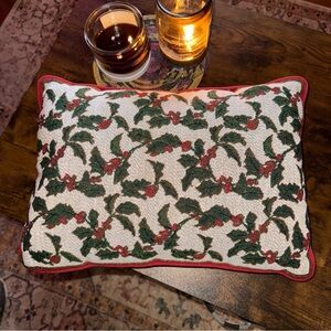 Tapestry Throw Pillow Red Holly Berries With Green Leaves 17” X 9” Holiday